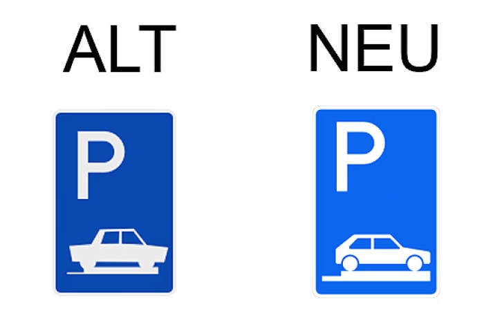Verkehrsschild Parken ganz auf Gehwegen quer zur Fahrtrichtung rechts