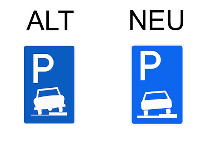 Verkehrsschild Parken halb auf Gehwegen in Fahrtrichtung rechts