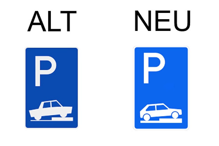 Verkehrsschild Parken halb auf Gehwegen quer zur Fahrtrichtung rechts