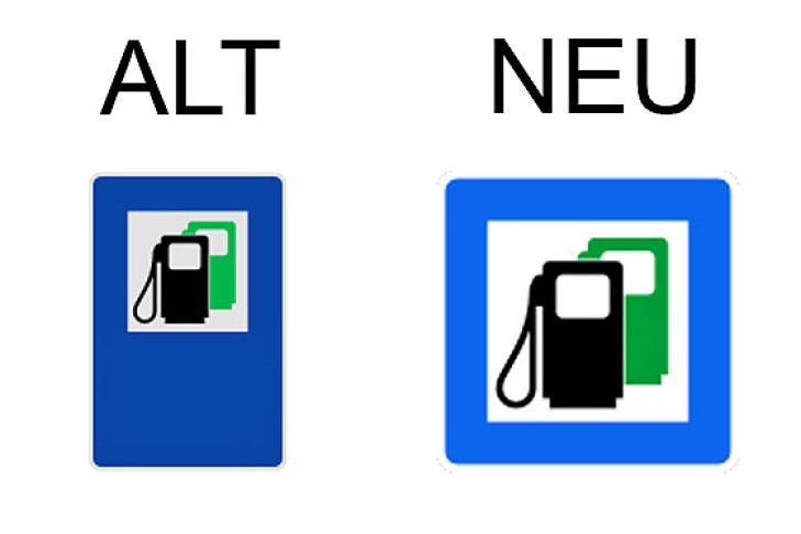 Verkehrsschild Tankstelle auch mit bleifreiem Benzin
