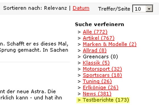 Jetzt mit Filterfunktion: Im Beispiel wurde "Opel Astra" gesucht und nach Testberichten sortiert.