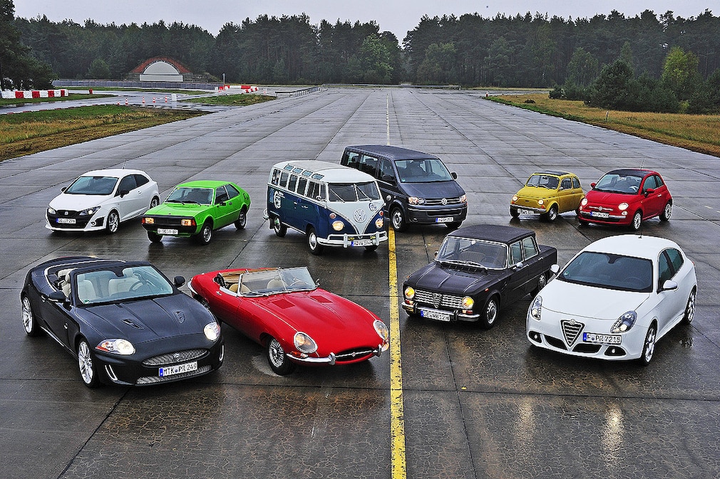 Jaguar E-Type XKR Alfa Guilietta Giulia Fiat 500 R 500 1.4 VW T1 Samba T5 Seat 1200 Sport Ibiza Bocanegra