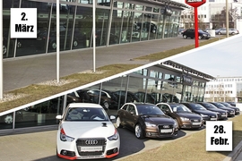 Montage: Voller und leerer Autohof mit Audi A1