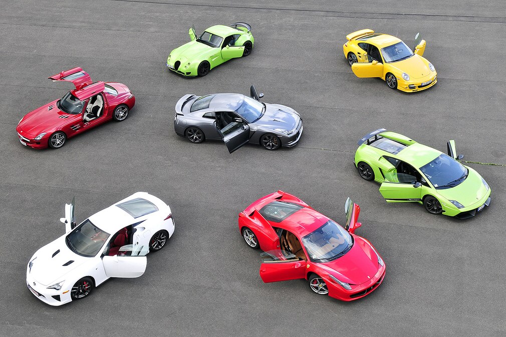 Mercedes SLS AMG Wiesmann GT MF5 Porsche 911 Turbo S Nissan GT-R Lexus LF-A Ferrari 458 Italia Lamborghini Gallardo LP 570-4 Superleggera